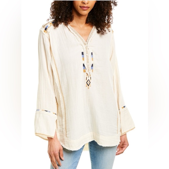 Johnny Was | Embroidered Gauzy Ivory Blouse Tunic Western Bohemian Relaxed Fit - Picture 1 of 10